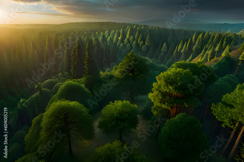 Embracing the Green Symphony  Immersing in a Forest Flourishing with Verdant Trees  a detailed matte painting  photorealism  volumetric lighting  matte painting  anamorphic lens flare  Generative AI