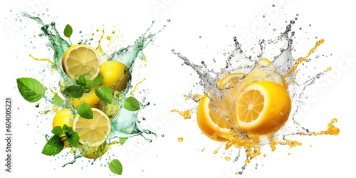 refreshing lemon juice splash liquid explosion with mint leaves on transparent background