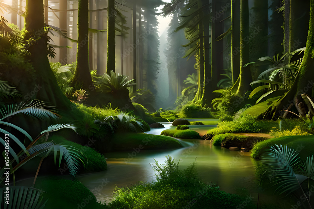 Exploring a Forest Filled with Abundant Green Trees and Glistening Rivers, a detailed matte painting, photorealism, volumetric lighting, matte painting, anamorphic lens flare, Generative AI