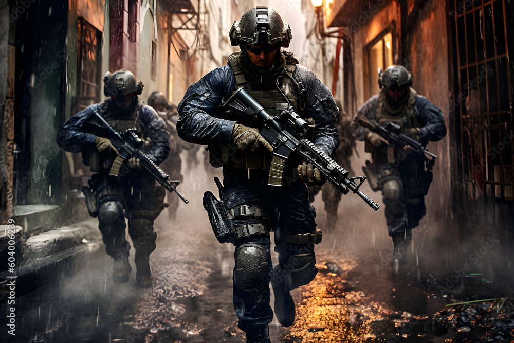 Special forces soldiers in combat with rifles, and bullet-proof gear, face masks and heavy military equipment. Generated AI Special forces soldiers in combat with rifles, and bullet-proof gear, face masks and heavy military equipment. Generated AI