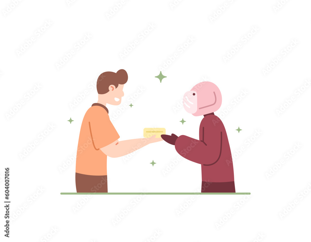 a man gives food to a motorcyclist. providing help to others. almsgiving and charity. share with others. design illustrations of people activities. vector elements. white background a man gives food to a motorcyclist. providing help to others. almsgiving and charity. share with others. design illustrations of people activities. vector elements. white background