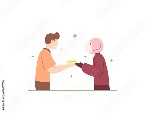 a man gives food to a motorcyclist. providing help to others. almsgiving and charity. share with others. design illustrations of people activities. vector elements. white background