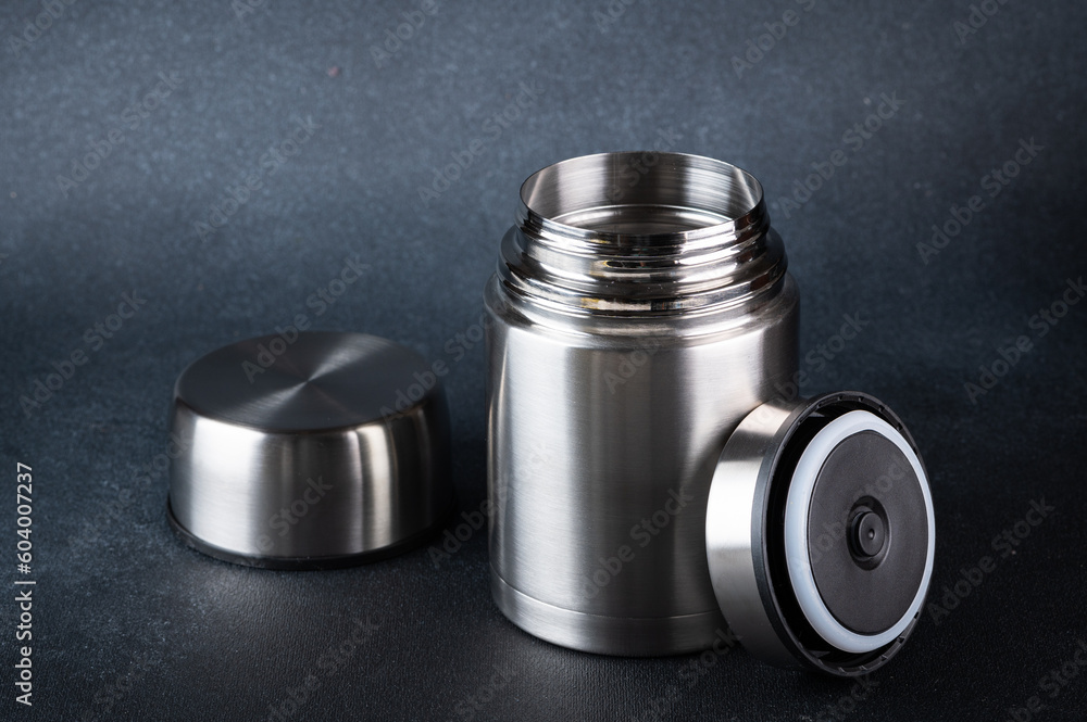 Metal thermos for food. Food thermos. Container for food. Food packaging. Camping device. Tourist lunchbox Metal thermos for food. Food thermos. Container for food. Food packaging. Camping device. Tourist lunchbox