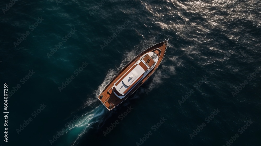 Aerial drone top down photo of luxury yacht with wooden deck anchored in open ocean sea Generative AI Aerial drone top down photo of luxury yacht with wooden deck anchored in open ocean sea Generative AI