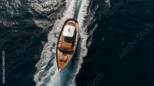 Aerial drone top down photo of luxury yacht with wooden deck anchored in open ocean sea Generative AI © Suleyman