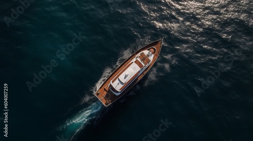 Aerial drone top down photo of luxury yacht with wooden deck anchored in open ocean sea Generative AI