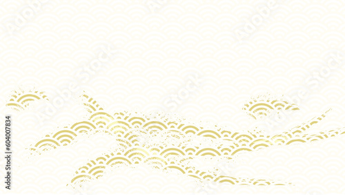 青海波のパターンとブラシストロークの横長背景イラスト