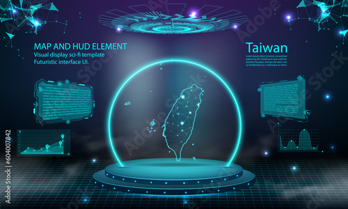taiwan map light connecting effect background. abstract digital technology UI, GUI, futuristic HUD Virtual Interface with taiwan map. Stage futuristic podium in fog.
