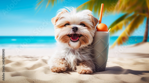 Cute dog with coctail relaxing on sandy beach near sea. Summer vacation with pet. Generative AI © zamuruev