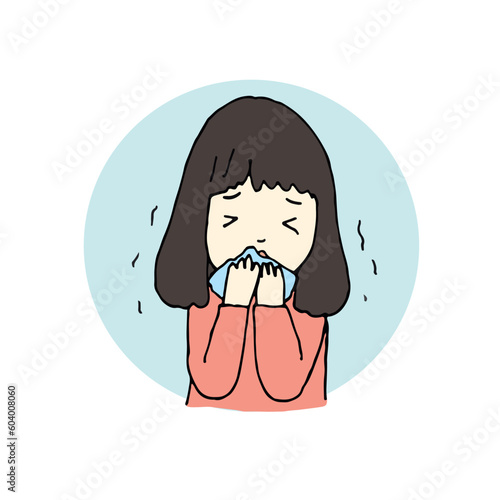 cute girl having cold, cartoon hand drawn style vector illustration