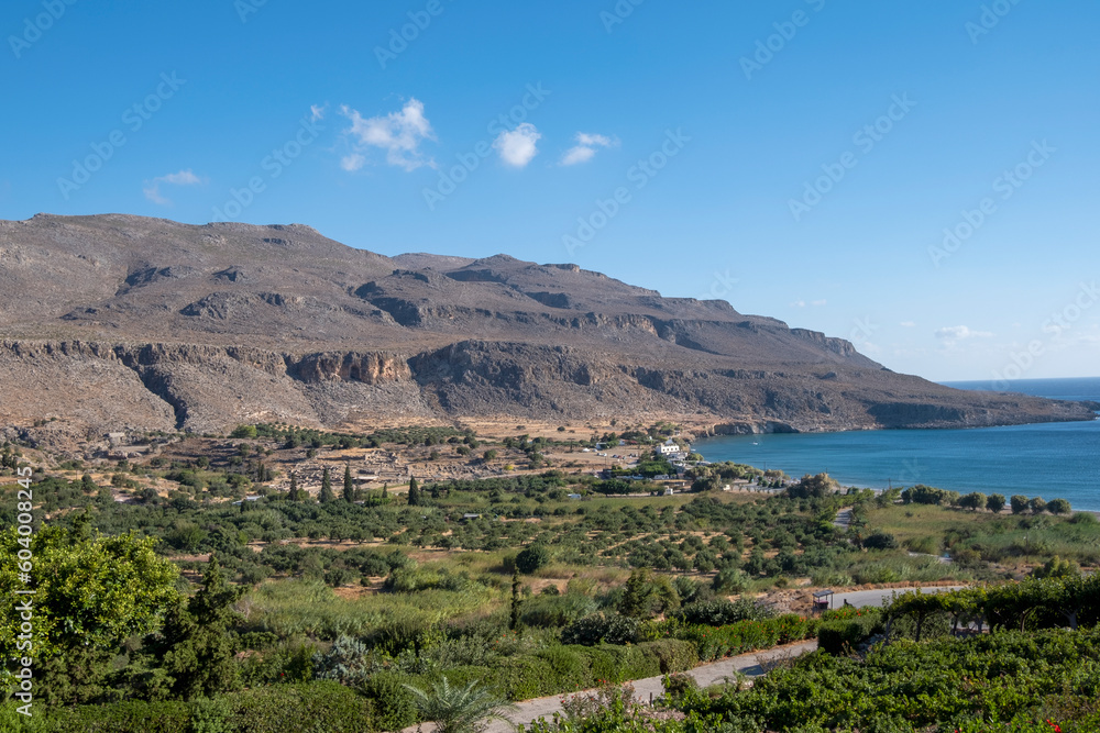 Spectacular view of Kato Zakros valley, in the background the minoan ruins and the natural gorge. Lasithi Province, Crete Greece
