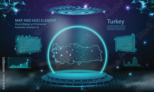 turkey map light connecting effect background. abstract digital technology UI, GUI, futuristic HUD Virtual Interface with turkey map. Stage futuristic podium in fog.
