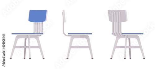 Dining side chair furniture set in light, blue. Wood seat, back rest, kitchen room, cafe, restaurant classic modern interior design. Vector flat style cartoon home, office isolated, white background