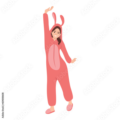 Woman wearing pink rabbit pajamas. Flat vector illustration isolated on white background