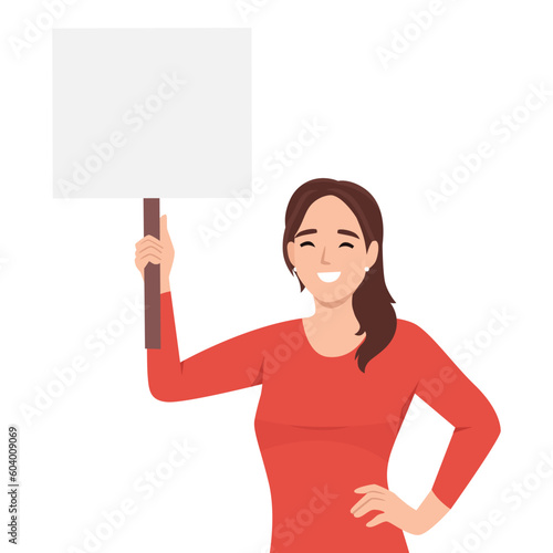 Beautiful young woman holding blank billboard with empty banner for copyspace advertising and announcement messages. Flat vector illustration isolated on white background