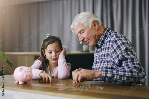 Foto Money, piggy bank and help with child and grandfather for savings, investment and learning