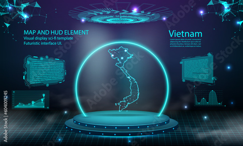 vietnam map light connecting effect background. abstract digital technology UI, GUI, futuristic HUD Virtual Interface with vietnam map. Stage futuristic podium in fog.