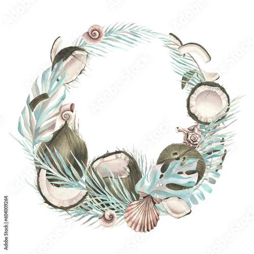 Whole coconuts and slices with tropical palm leaves and seashells. Watercolor illustration. Wreath on a white background from the collection of COCONUTS. For the dcoration and design photo