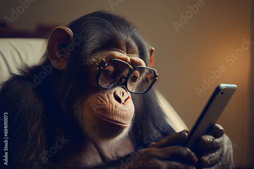 A hilarious portrait of a mischievous monkey wearing glasses and engrossed in using a smartphone, capturing the fusion of technology and humor in a playful and entertaining way, generative ai