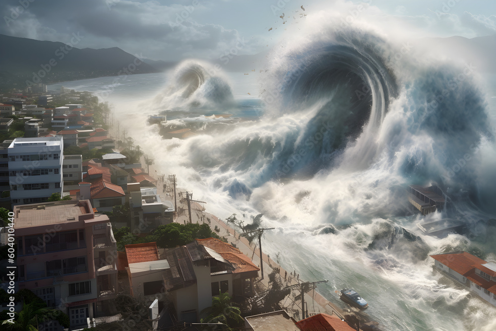 Fototapeta premium Huge wave tsunami hitting shore village with houses and streets. Generated AI