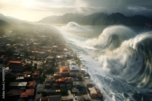 Huge wave tsunami hitting shore village with houses and streets. Generated AI photo