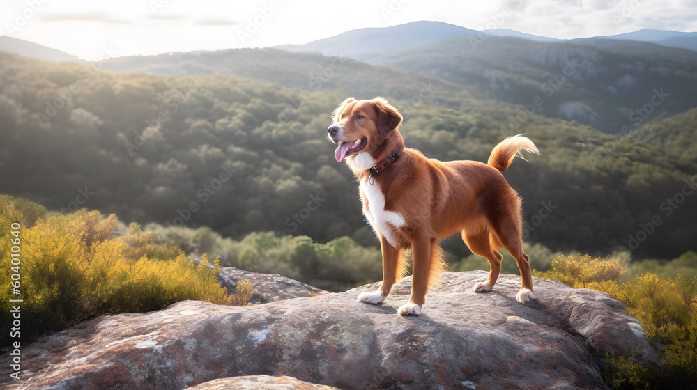 The dog stands in stone on the mountains and looks. Nova Scotia duck retriever in nature, on a journey. Hiking with a pet The dog stands in stone on the mountains and looks. Nova Scotia duck retriever in nature, on a journey. Hiking with a pet