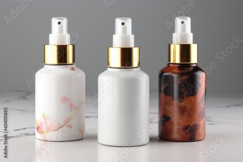 Three cosmetic bottles on light background. Generative AI