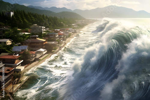 Huge wave tsunami hitting shore village with houses and streets. Generated AI photo