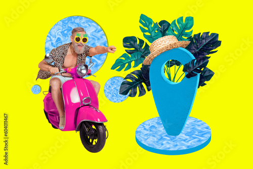 Creative abstract template graphics collage image of cool senior guy riding retro moped new trip isolated colorful yellow background