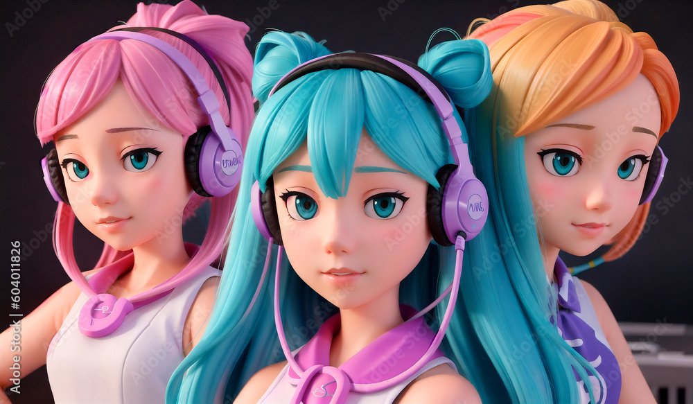 Obraz premium Pop art girl with headphones. Set of avatars. Generative AI
