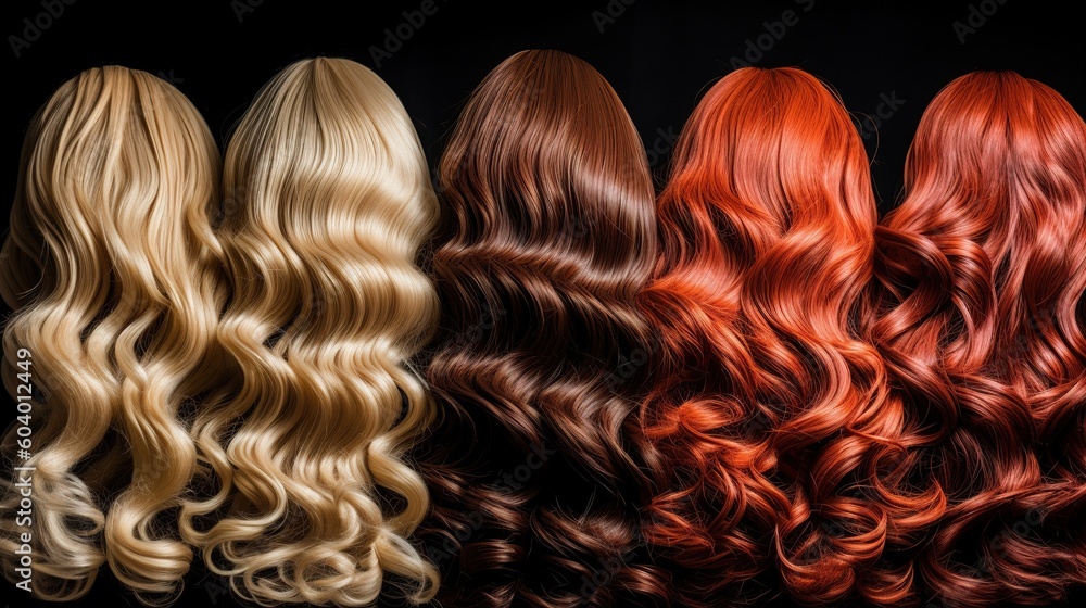 back view of a row of different colored hair extensions wigs on black background - obrazy, fototapety, plakaty 
