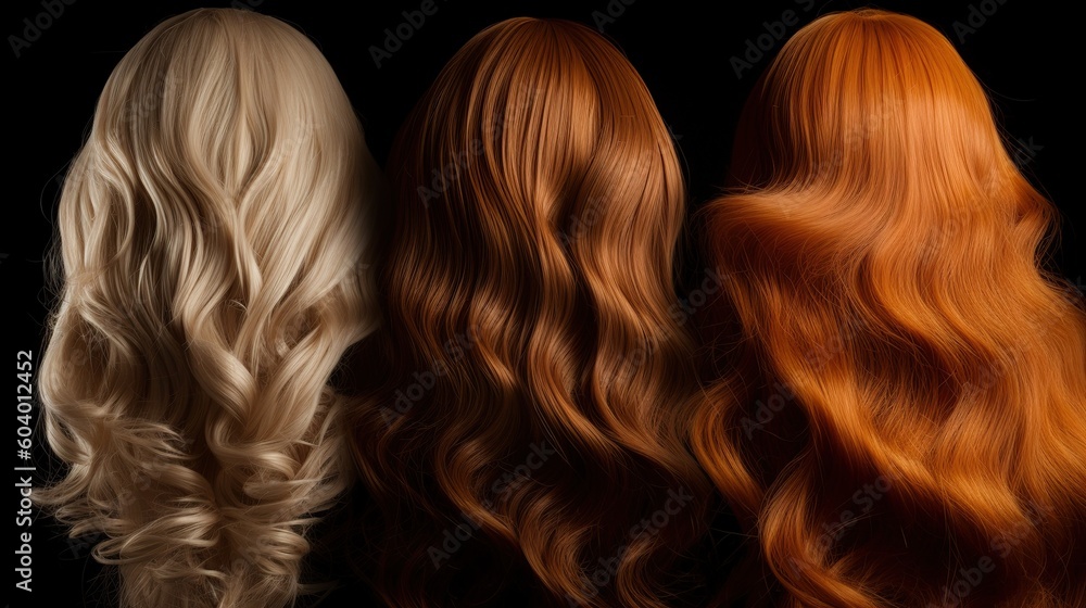 Fototapeta premium back view of a row of different colored wawy hair extensions wigs on black background