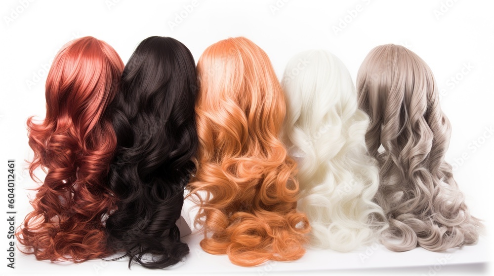 Fototapeta premium back view of a row of different colored wig extensions on white background