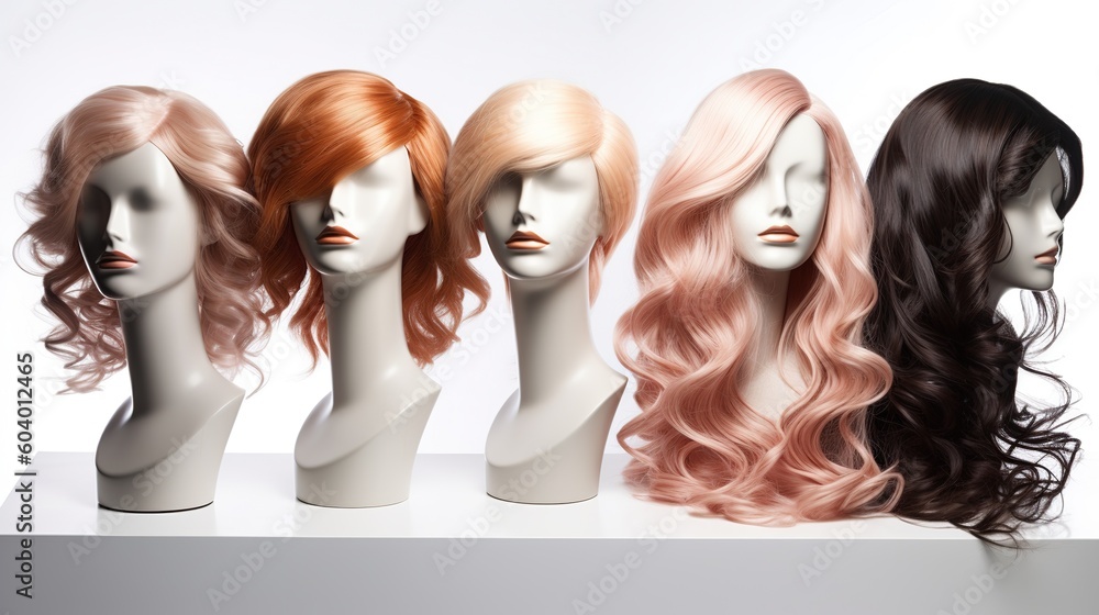 A row of wigs with different hair colors on white background - obrazy, fototapety, plakaty 