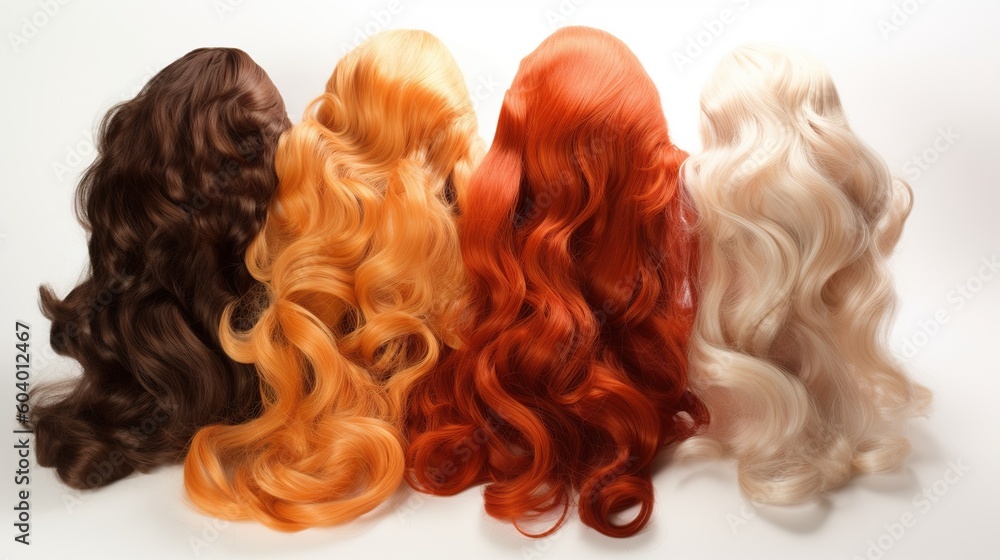 A selection of wigs on white background A selection of wigs on white background