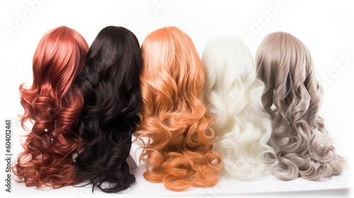 back view of a row of different colored wig extensions on white background