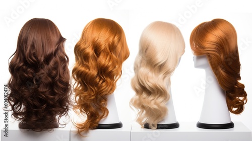 A selection of hair extensions on mannequins on white background
