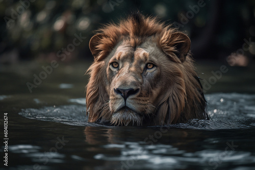 a lion is swimming
