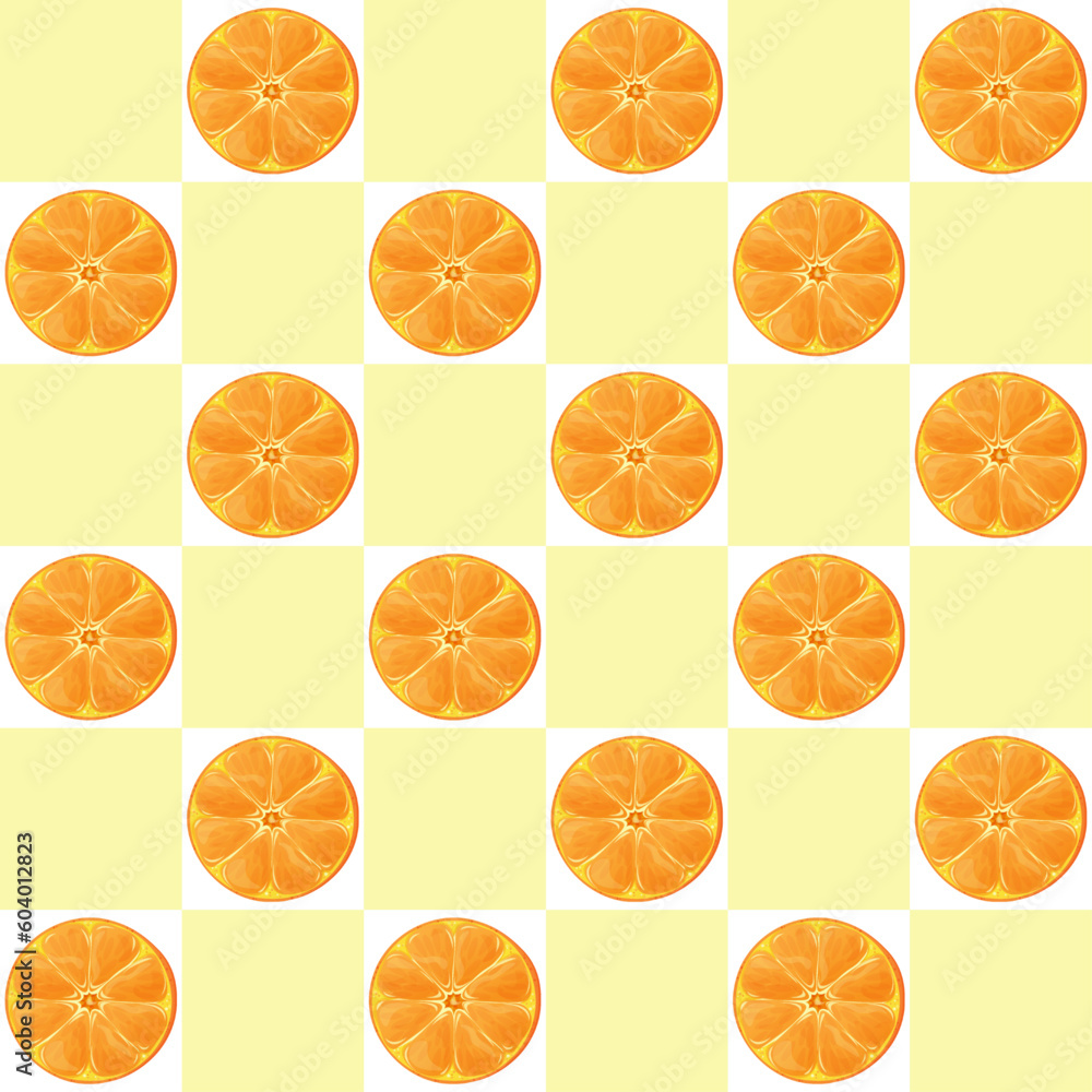 Seamless pattern with round orange slices on a yellow and white checkered background