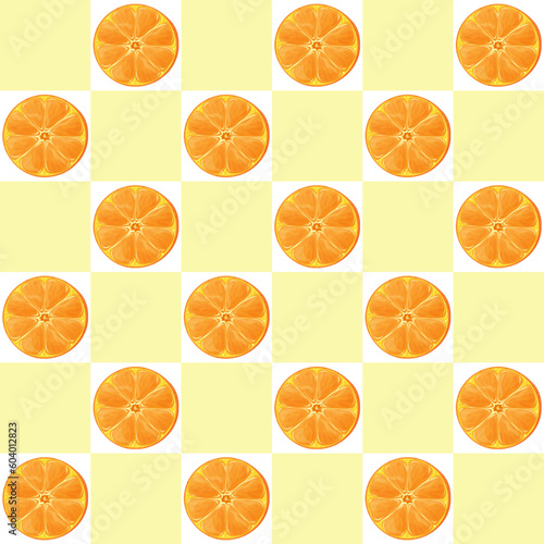 Seamless pattern with round orange slices on a yellow and white checkered background