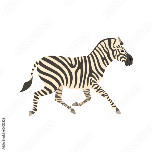 Animal illustration. Running zebra drawn in a flat style. Isolated object on a white background. Vector 10 EPS