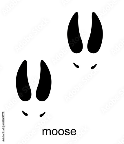 Moose Footprint. Moose track. Track of forest animal. Ungulate animal footprints. Mammal animal. Black Silhouette Design. Vector illustration isolated on white background