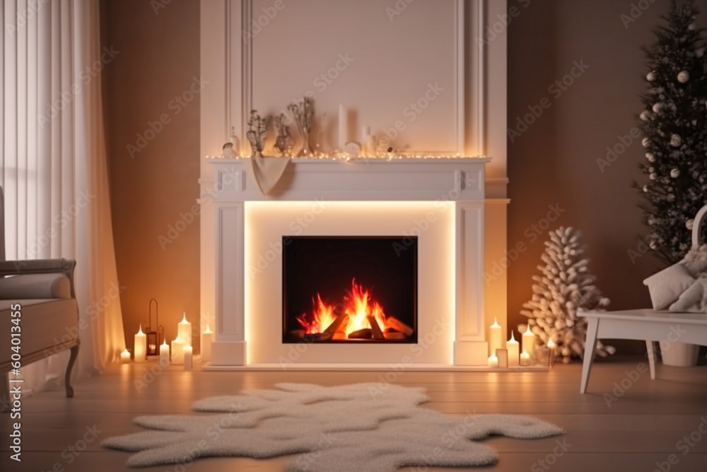 Modern interior design of the living room with fireplace. Super photo realistic background, generative ai illustration Modern interior design of the living room with fireplace. Super photo realistic background, generative ai illustration