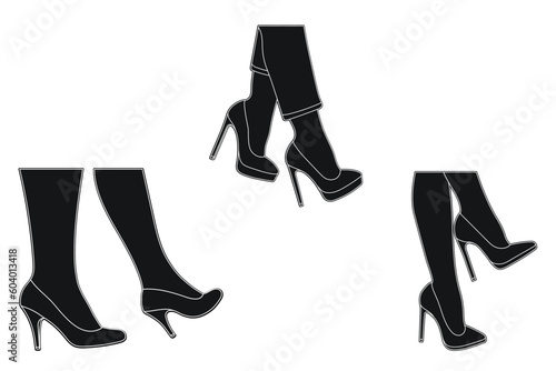 Line art silhouette outline of female legs in a pose. Shoes stilettos, high heels. Walking, standing, running, jumping, dance