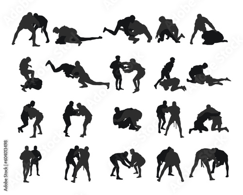 Set of realness silhouettes of sambo athletes in sambo wrestling, combat sambo, duel, fight, fistfight, struggle, tussle, brawl, jiu jitsu. Martial art, sportsmanship