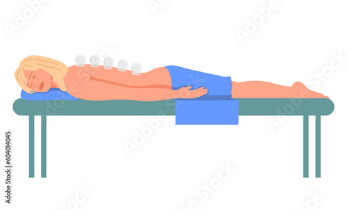 Young pretty woman lying on sofa with closed eyes and cups on her back. Vacuum cupping body therapy. Patient enjoying wellness SPA physiotherapy. Vector illustration isolated on white background