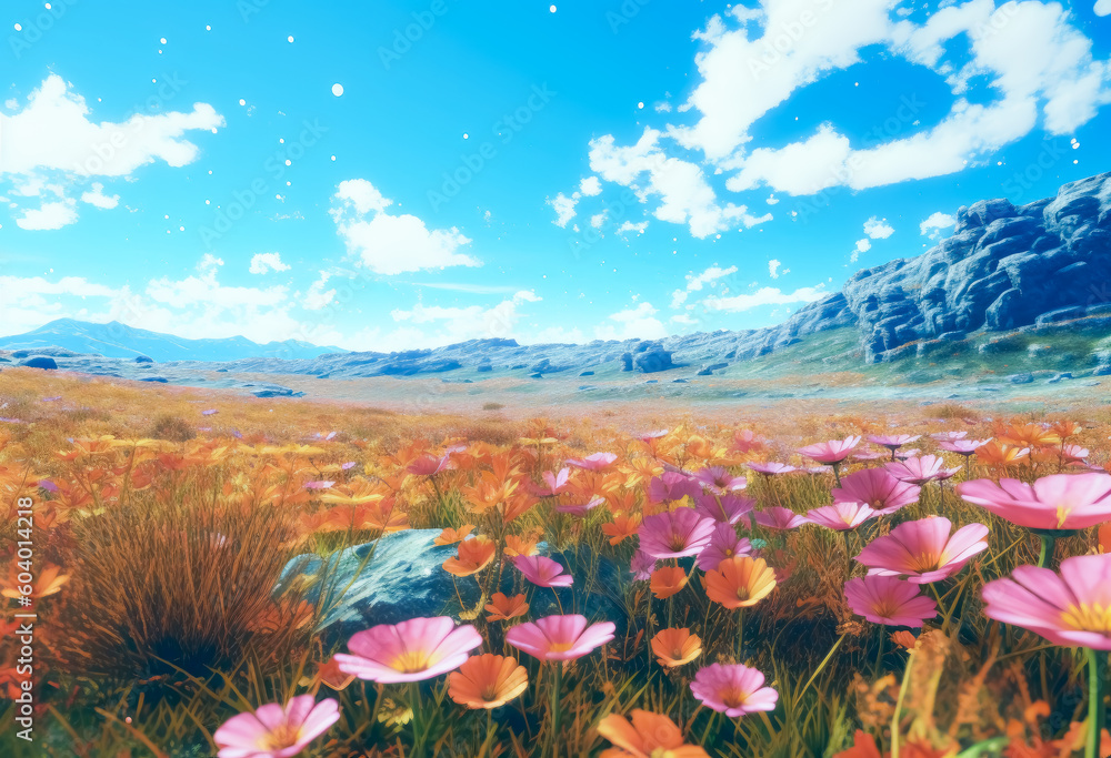 Field with lots of flowers and blue sky, White daisies, purple flowers, sky and dahlias, naturalistic landscape backgrounds. Generative Ai Illustration.