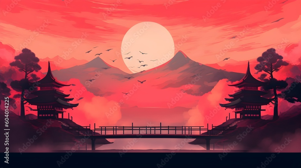 Minimalist mountain landscape background. Set of abstract nature backgrounds, hills, sun silhouettes with japanese style. Generative AI. Minimalist mountain landscape background. Set of abstract nature backgrounds, hills, sun silhouettes with japanese style. Generative AI.