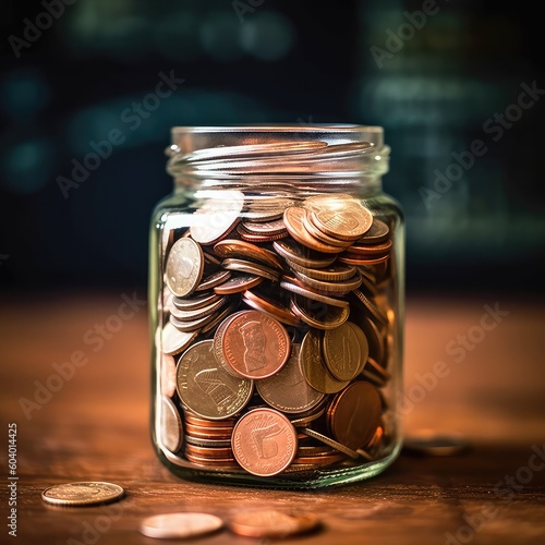 Glass jar with money coin inside and a lot of coins for financial and business background, Plan to save money for future,AI generated.