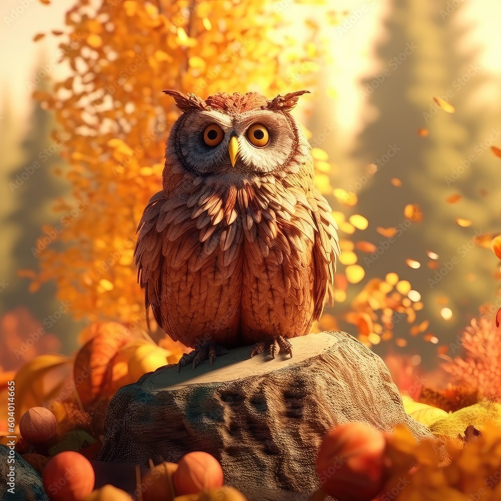Little owl portrait sitting on branch,Owl on a background of autumn forest,AI generated. Little owl portrait sitting on branch,Owl on a background of autumn forest,AI generated.